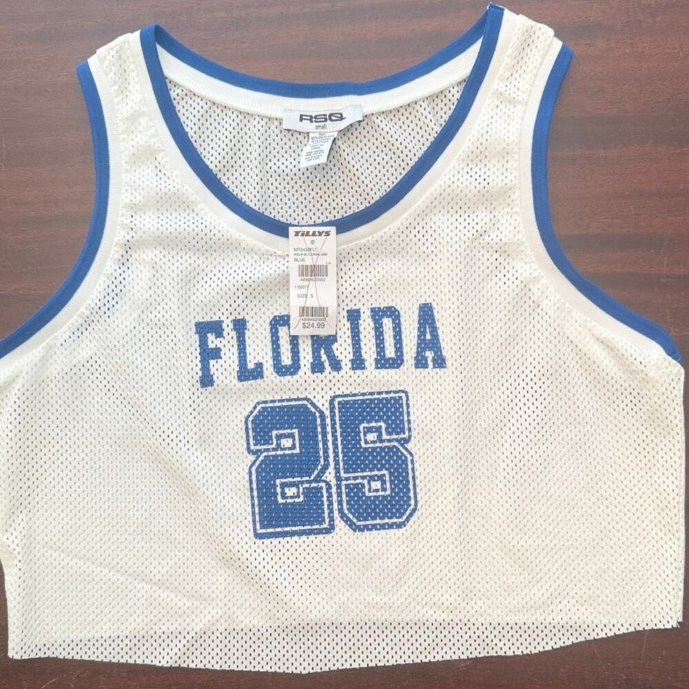RSQ New | Florida 25 Cropped White Mesh Tank Top Basketball Jersey with blue | S